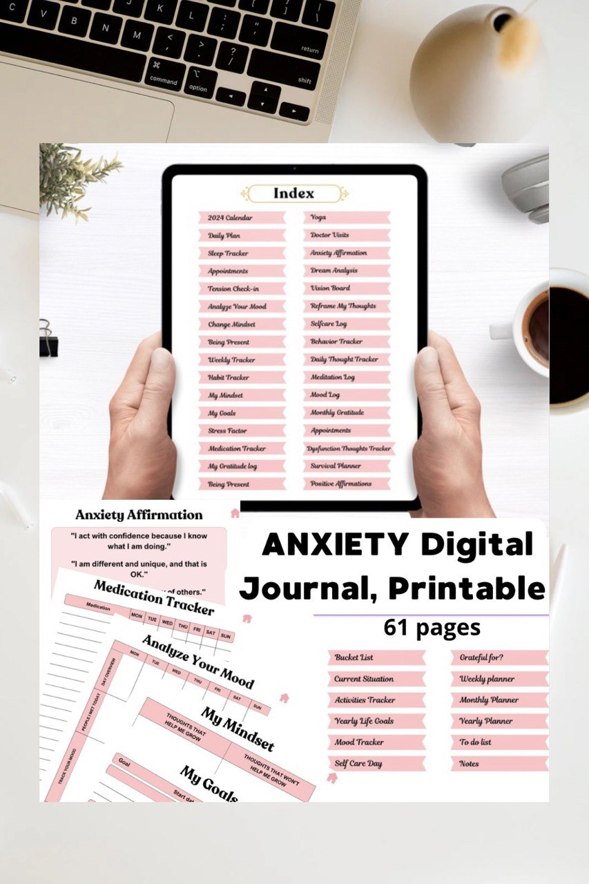 Anxiety Digital Journal, Printable 61 Pages